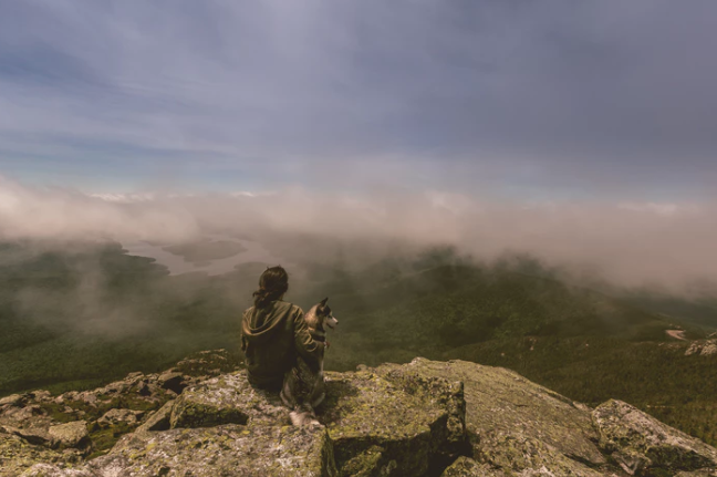 a woman and her dog sit on the edge of a cliff overlooking a valley with a river stream