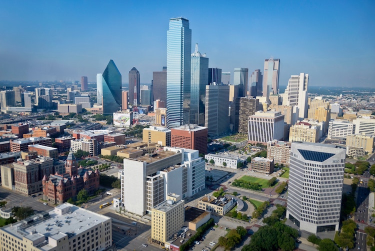 A photo of downtown Dallas. Dallas is home to many dog parks and dog friendly areas.