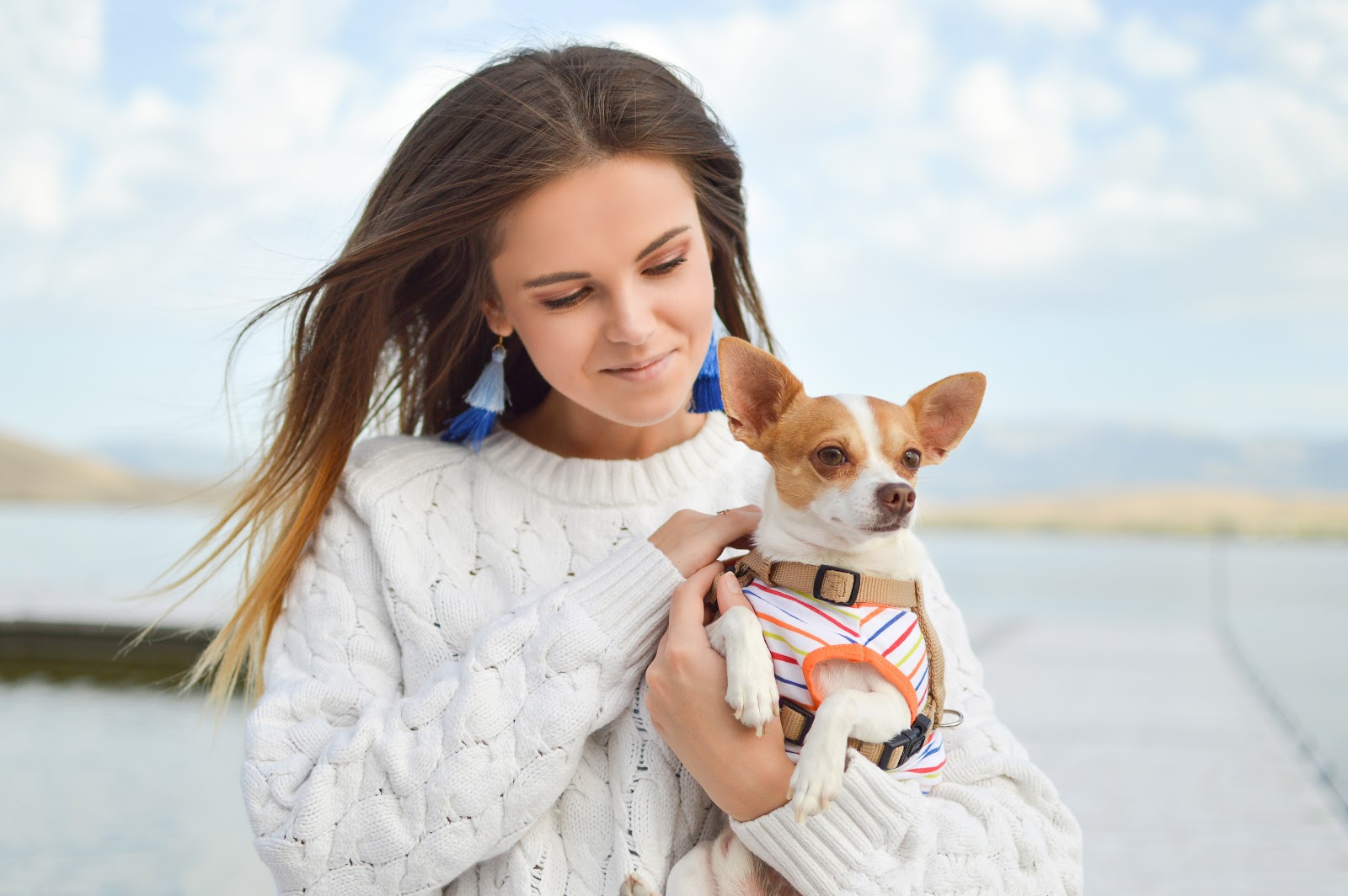 A woman with long brown hair in a white swearer hold a small Chihuahua with a striped shirt on